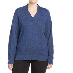 Womens Studio Works Basket Weave Sweater V-Neck 100% Cotton Size 2X Blue NWT